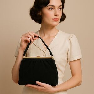 Vintage Corde Black Fabric Frame Bag with Gold Hardware